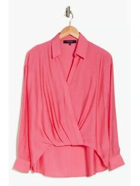 RACHEL Roy Women's Size Medium Metallic Pink Long Sleeve Faux Wrap High-Low Tops